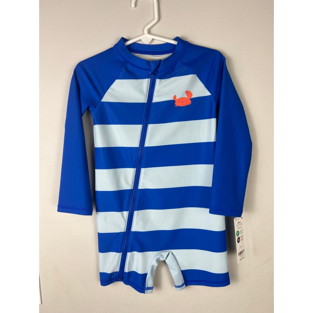 Carter’s 24M Blue Stripe Rash Guard Swimsuit One Piece Zip Crab UPF